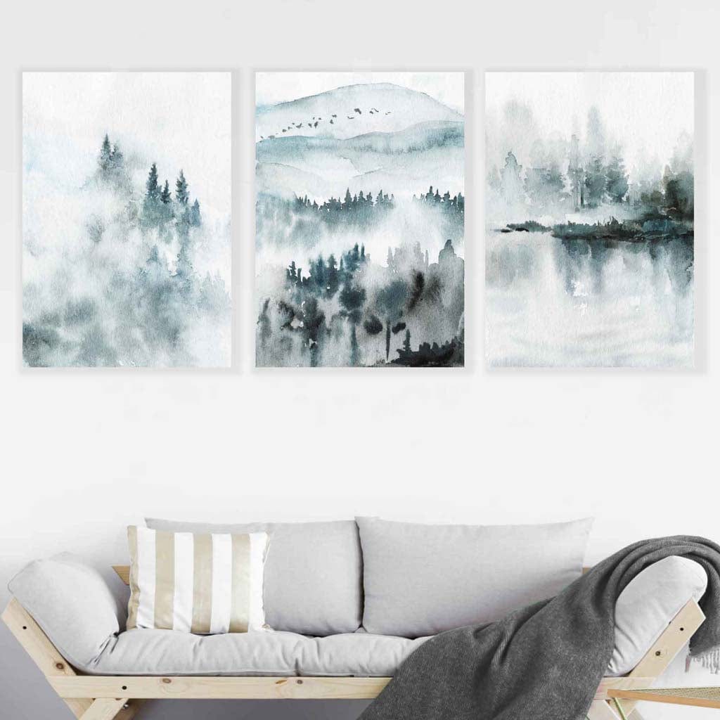 Teal Blue Abstract Forest Lake Set of 3 Wall Art Prints