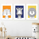 Set of 3 Nursery Sketch Jungle Animals Prints in Navy Blue, Orange & Yellow