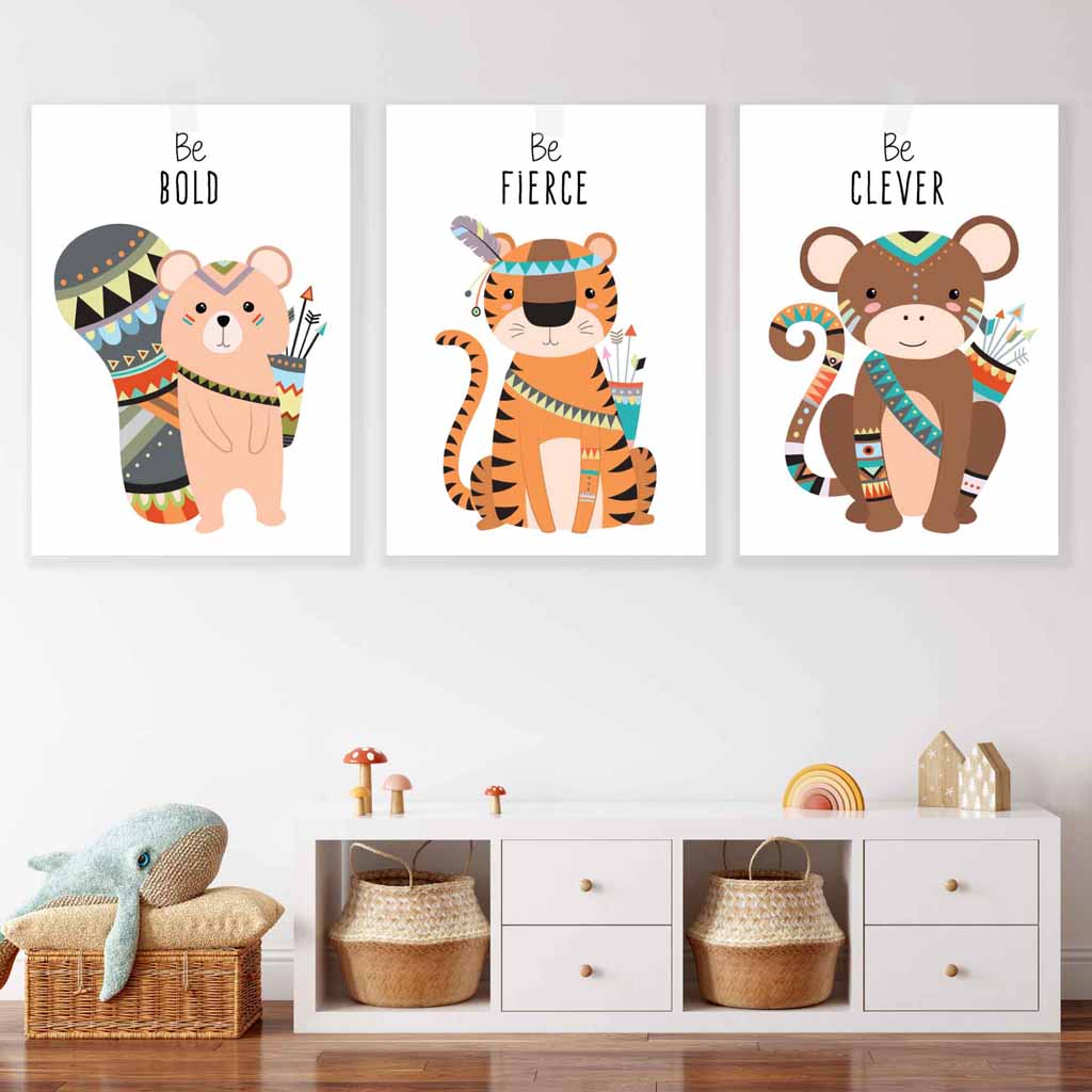 NURSERY Set of 3 Tribal Squirrel, Tiger, Monkey Wall Art Quote Prints