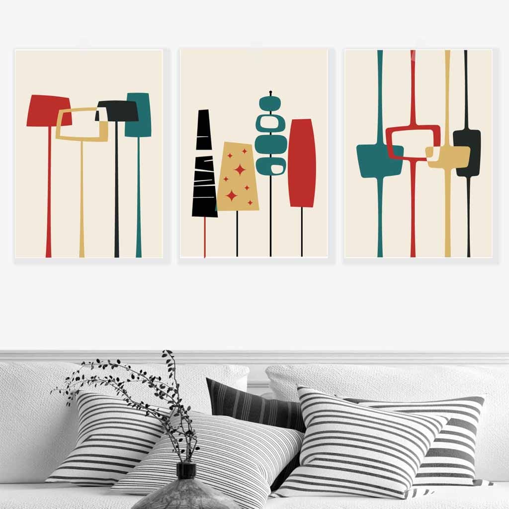 Mid Century Modern Set of 3 Wall Art Prints in Teal Red Yellow