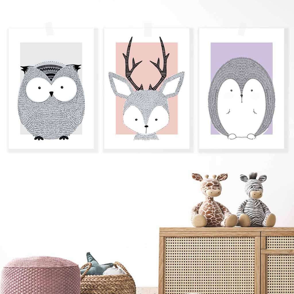 Set of 3 Nursery Scandinavian Sketch Forest Animals Prints in Pink Lilac Grey