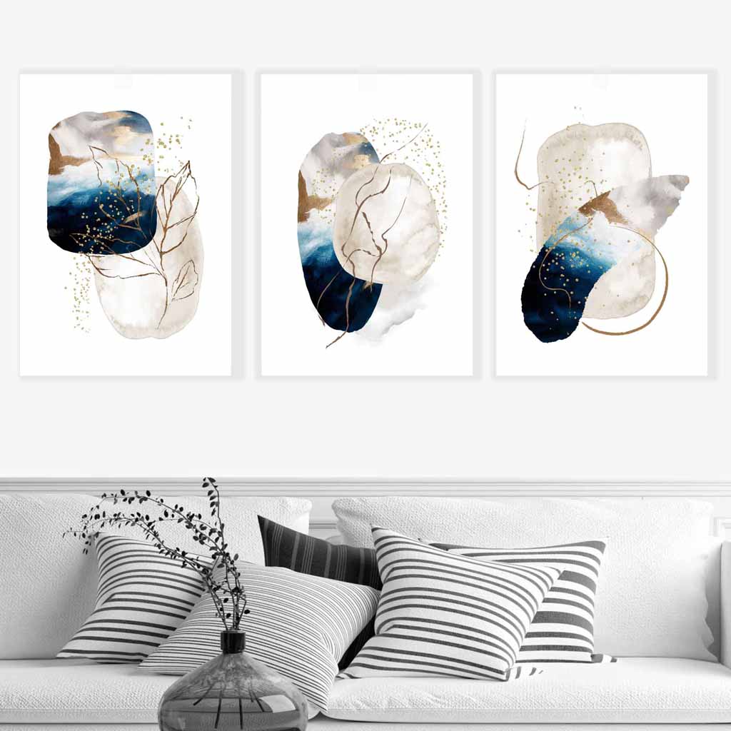 Abstract Textured Navy Blue, Ivory and Gold Set of 3 Wall Art Prints