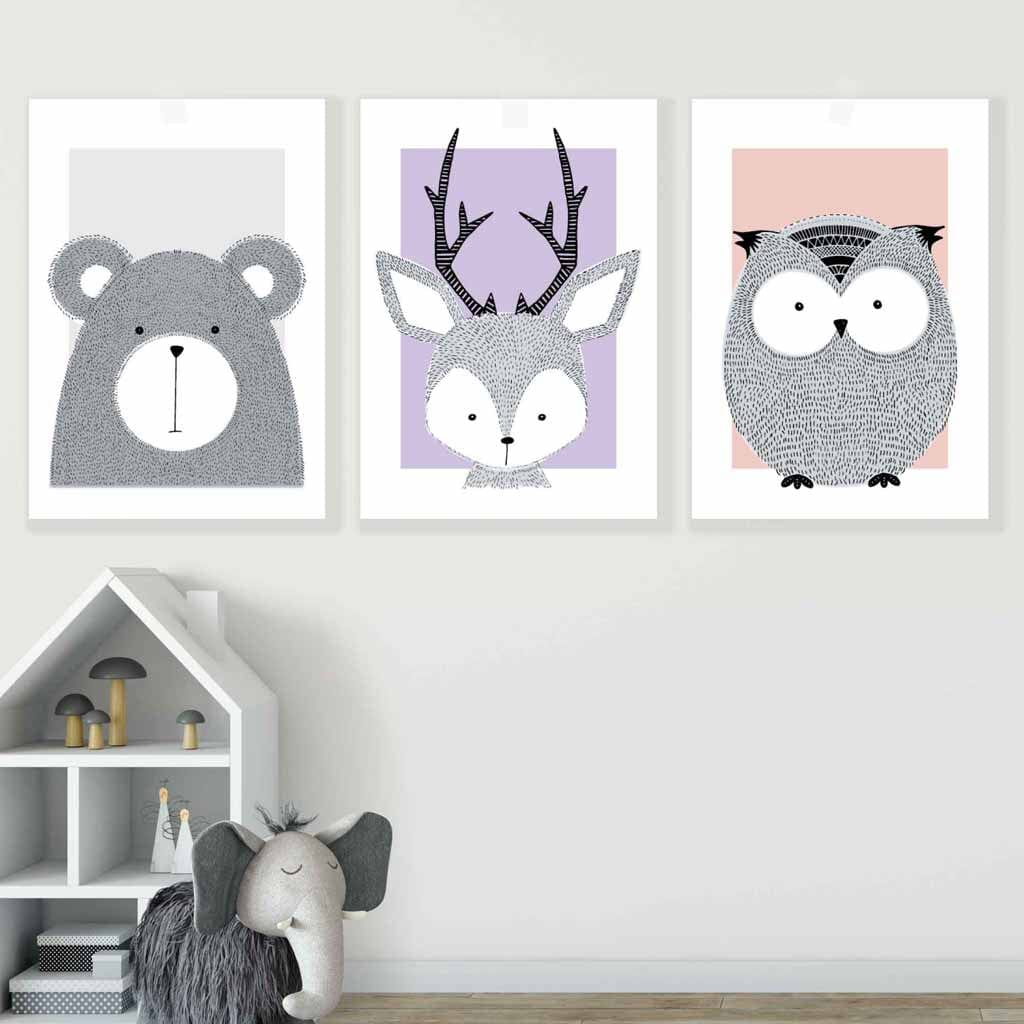 Set of 3 Nursery Scandinavian Sketch Forest Animals Prints Pink Lilac Grey