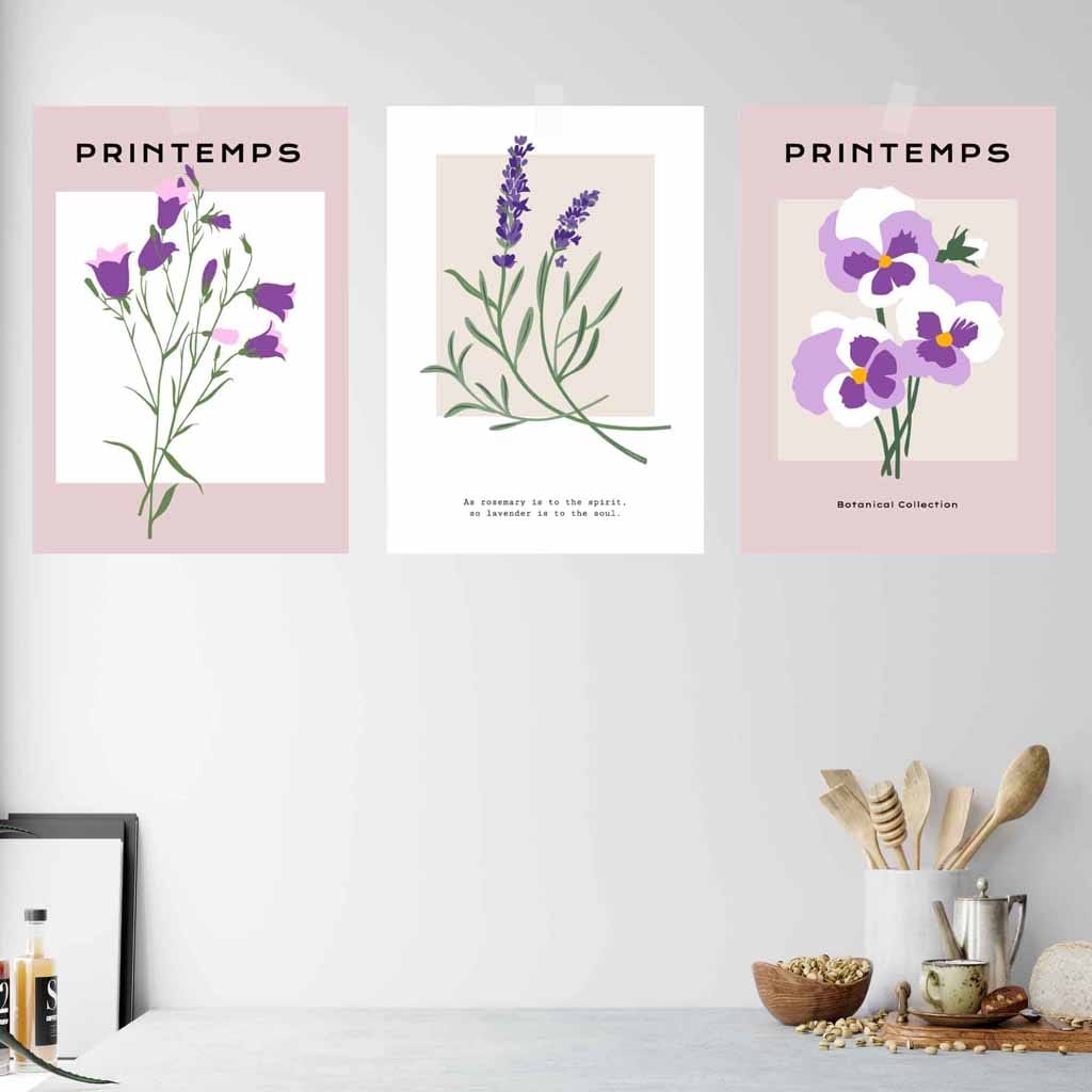 Set of 3 Vintage Graphical Lilac Purple Spring Flower Wall Art Prints