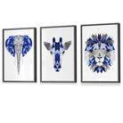 GEOMETRIC set of 3 Navy Blue & Grey Framed Art Prints Jungle Heads Giraffe Lion Elephant | Artze Wall Art UK