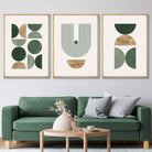 Set of 3 Geometric Wall Art Posters in Green and Gold