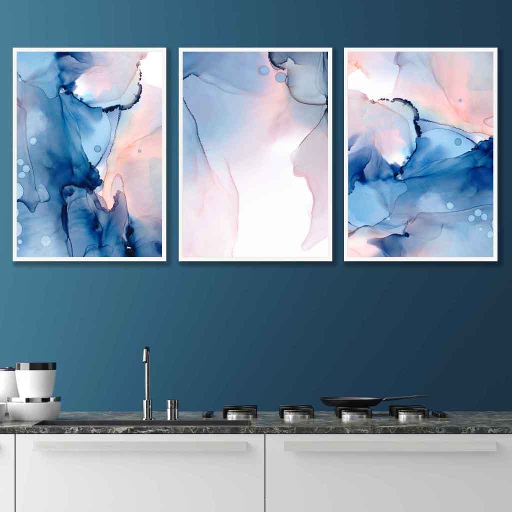 Blue and Blush Pink Abstract Wall Art Set of 3 Posters
