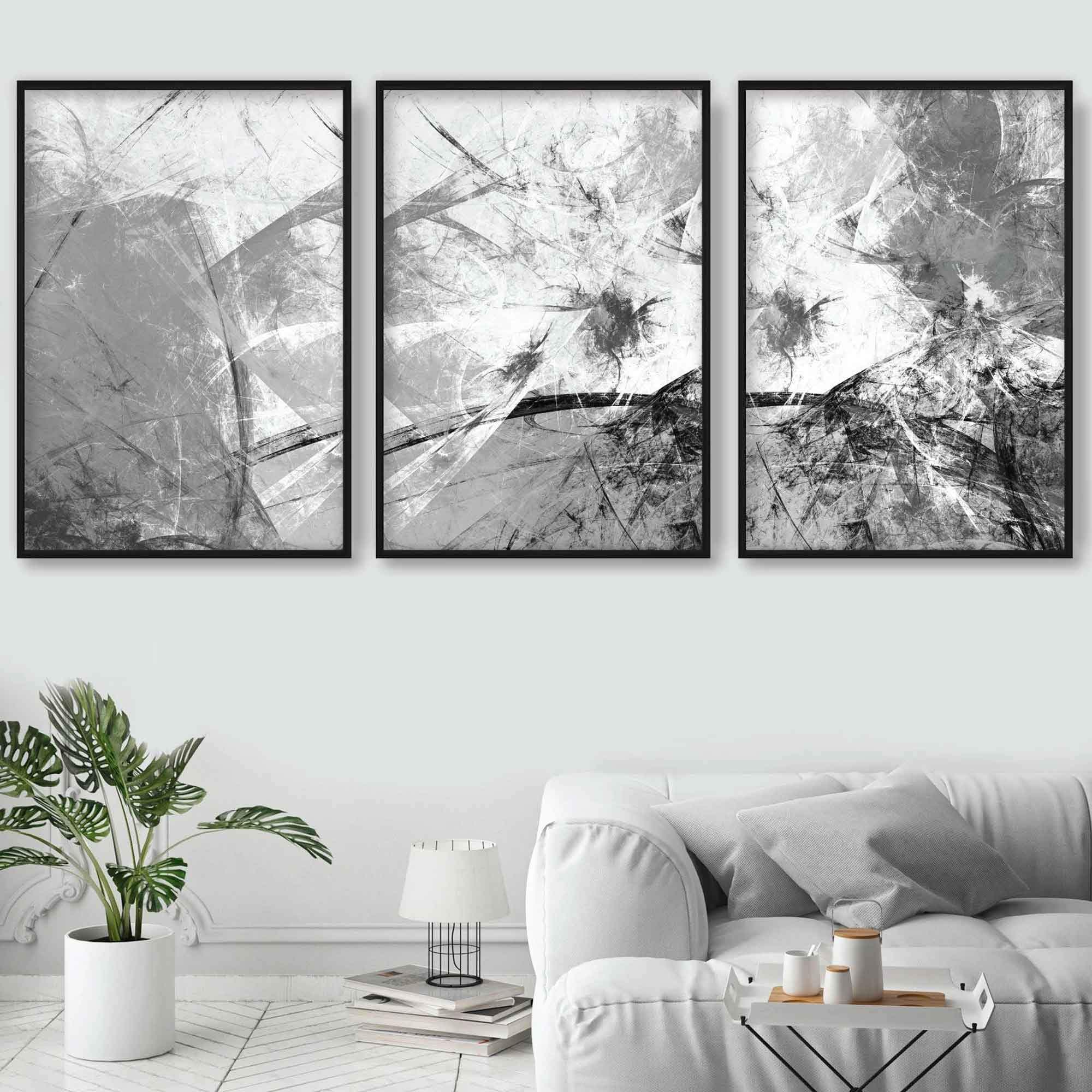 Set of 3 Abstract Art Prints of Paintings Black White Grey Wall Art Print