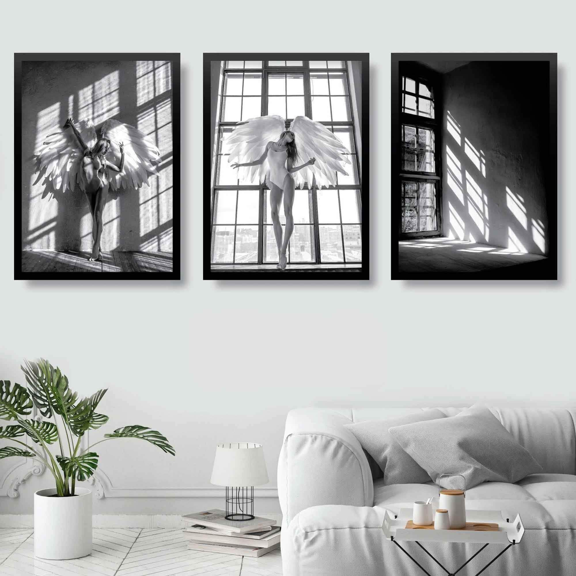 Set of 3 FASHION Woman Angel Wings Black and White Wall Art