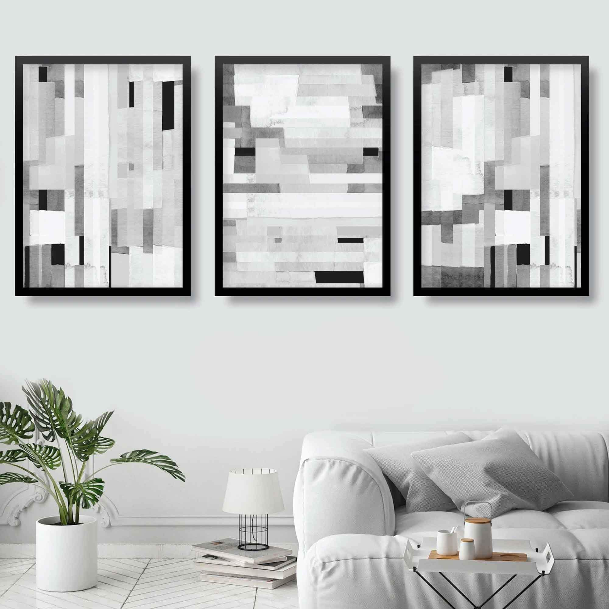 Set of 3 Abstract Black and White Blocks Art Prints
