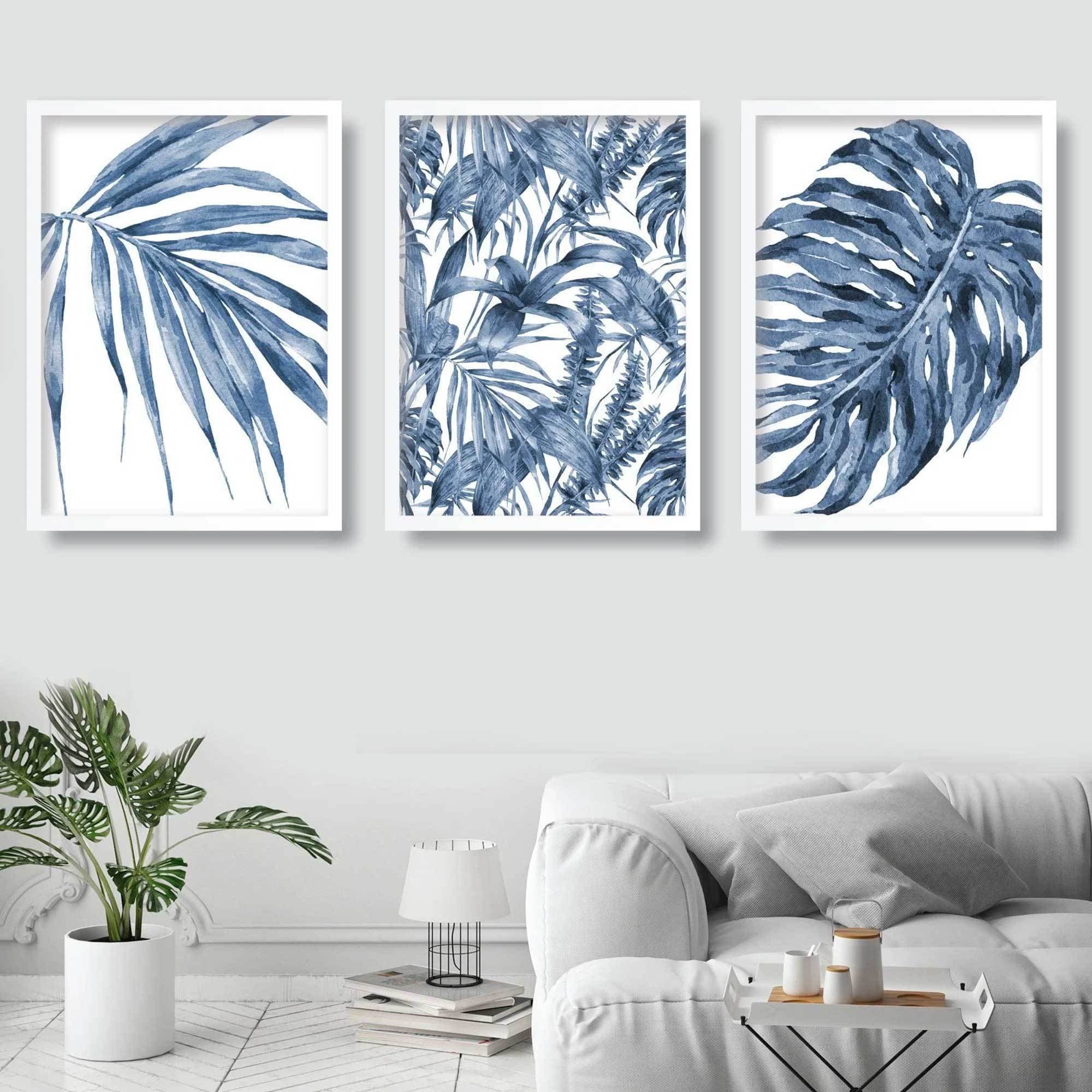 BOTANICAL Set of 3 Navy Blue Floral Art PRINTS