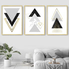 GEOMETRIC set of 3 Black Grey & Gold Effect Art Prints Abstract Triangles Pattern