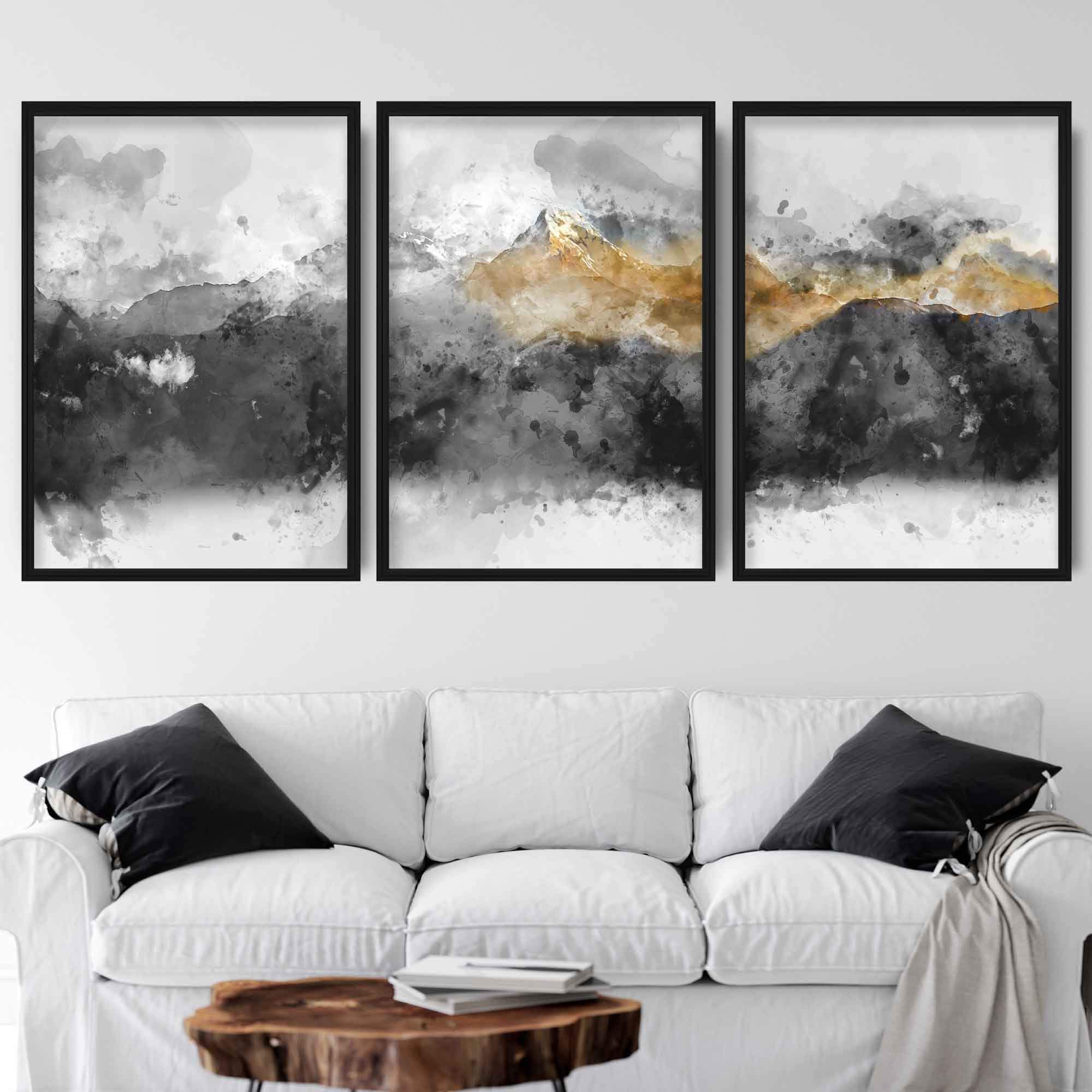 Set of 3 Abstract Art Prints of Paintings Black Grey Yellow Mountains Art Print