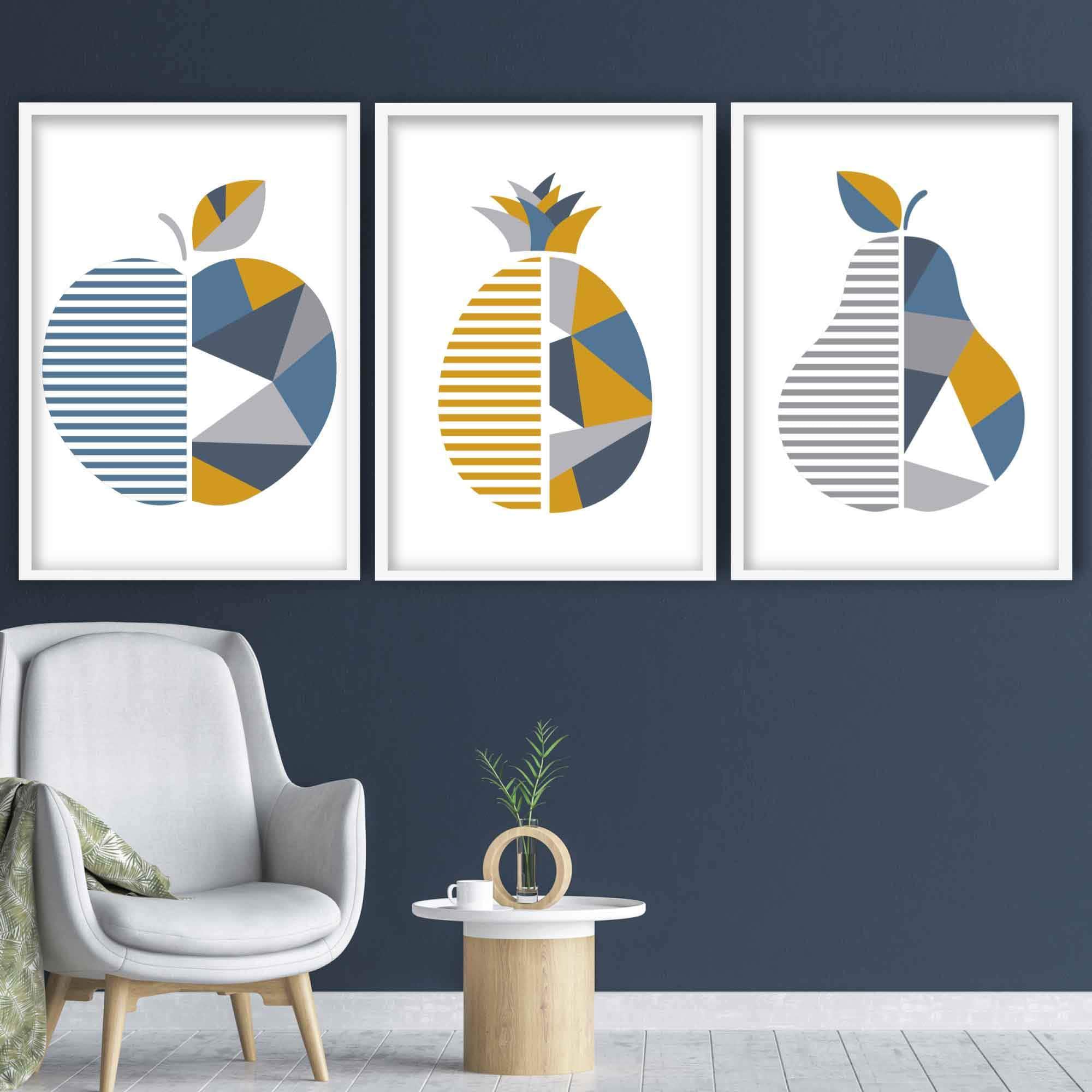 GEOMETRIC set of 3 Yellow & Blue Fruit Kitchen Wall Art Prints