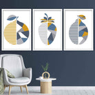 GEOMETRIC set of 3 Yellow Blue Grey Orange Strawberry Lemon Fruit Kitchen Wall Art Prints