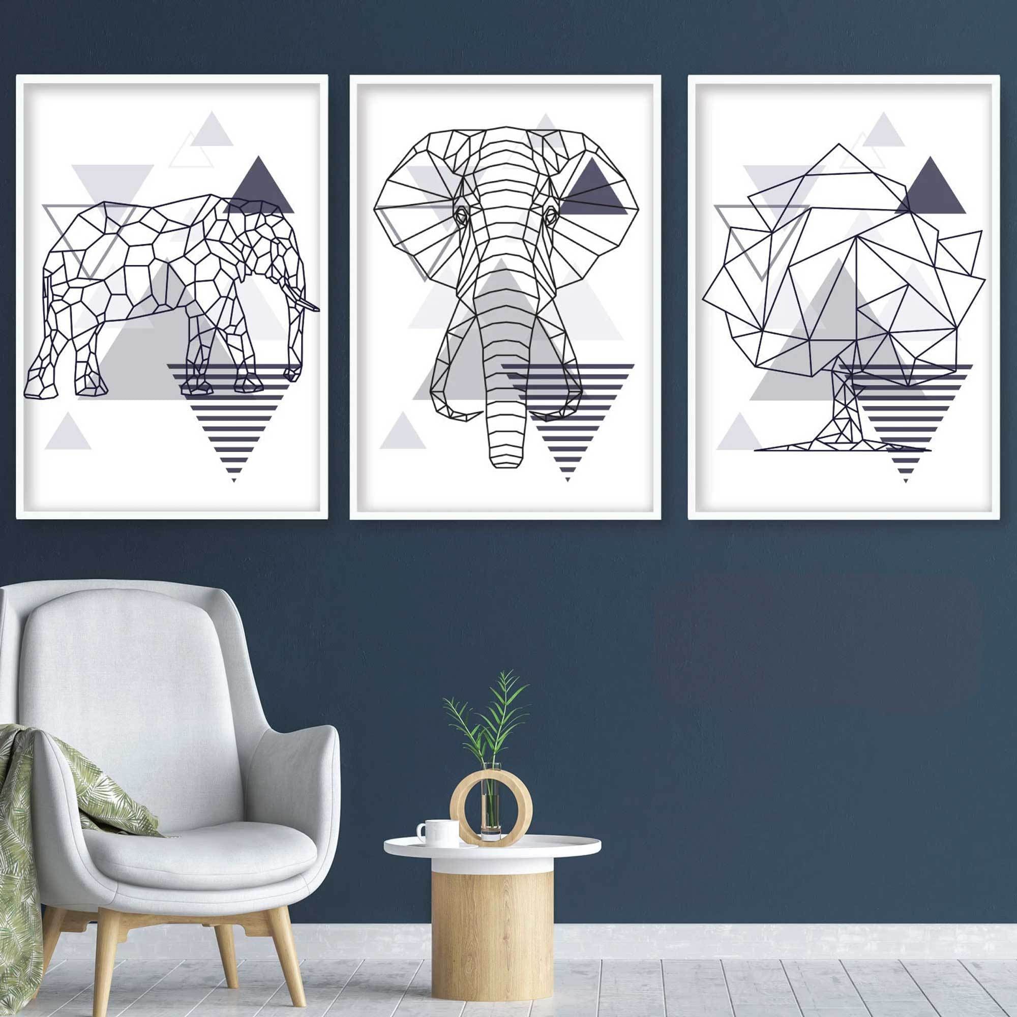 Set of 3 GEOMETRIC Navy Blue & Grey ELEPHANT and Tree Modern Art Prints