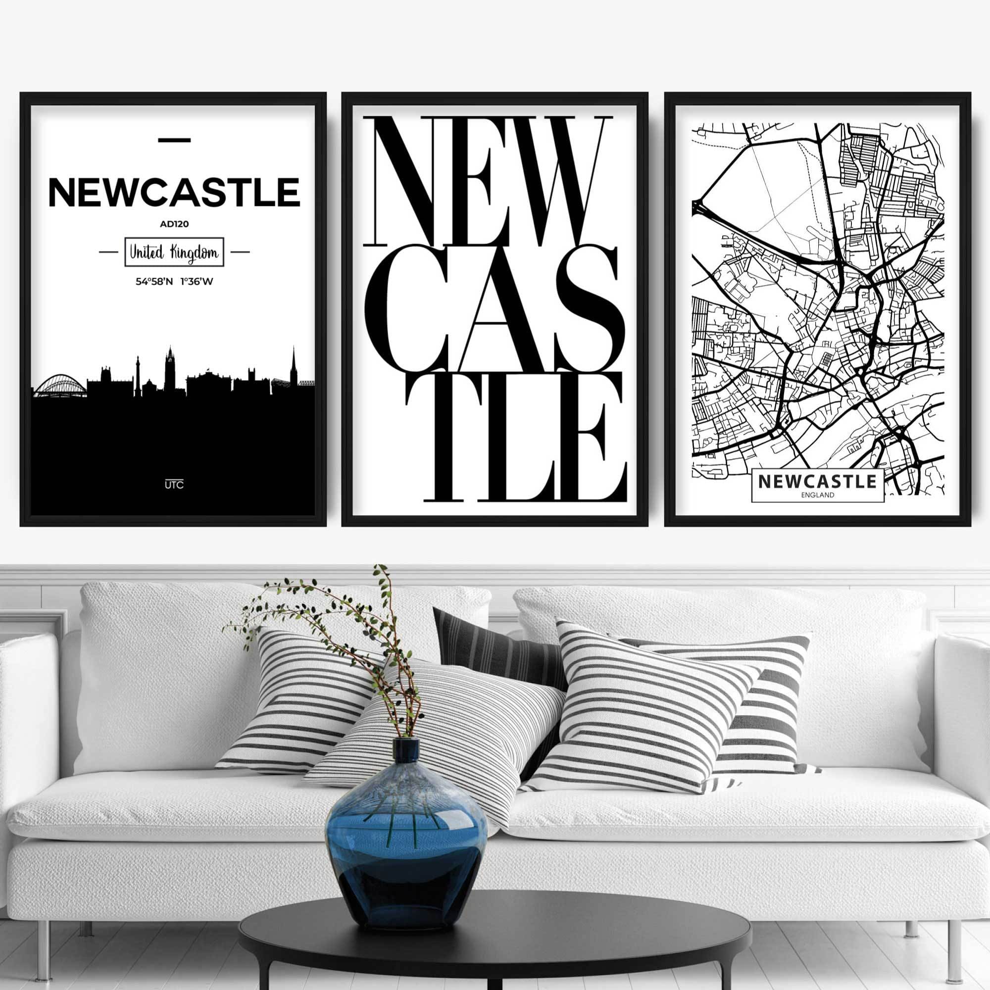 Set of 3 Newcastle Skyline Street map City Prints
