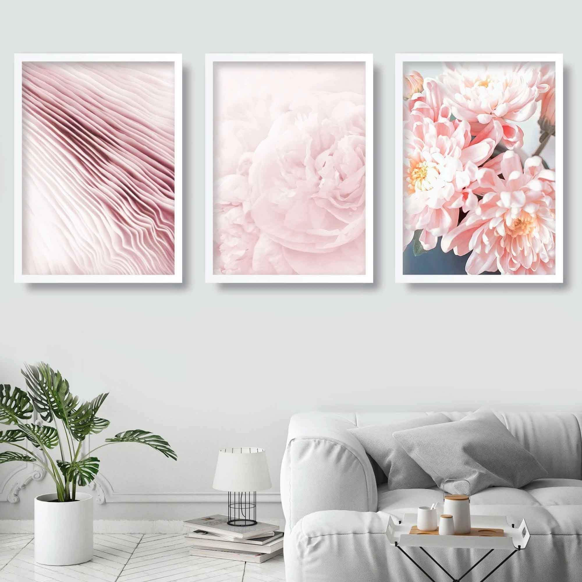 Set of 3 Pink Peonies Floral Abstract wall art set