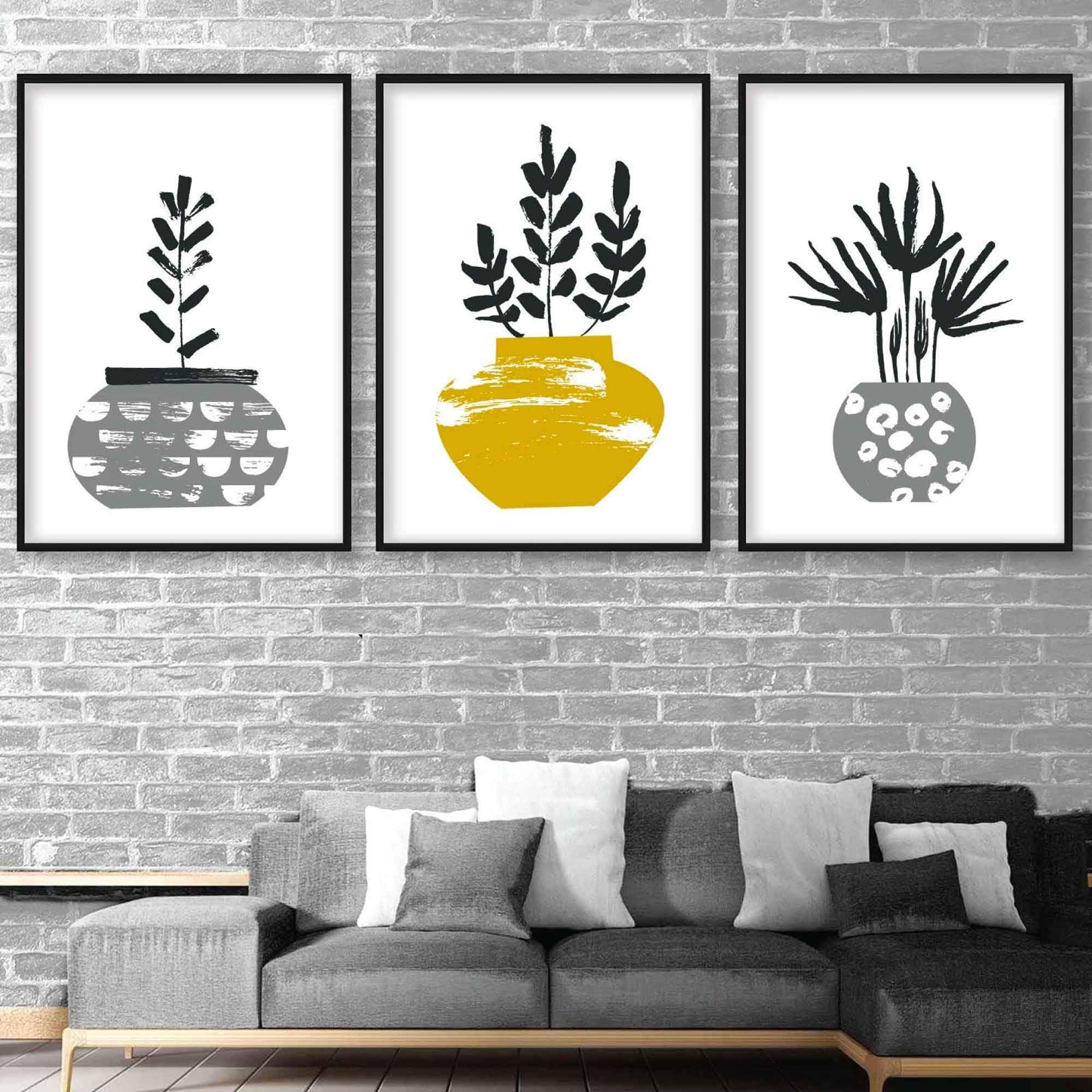 Set of 3 Grey & Yellow Cactus Scandinavian Art Prints