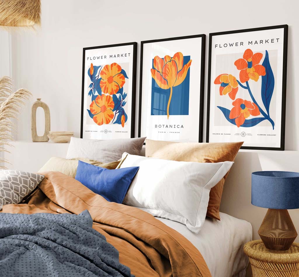 Set of 3 Vintage Exhibition Blue & Orange Botanical Flower Market Posters