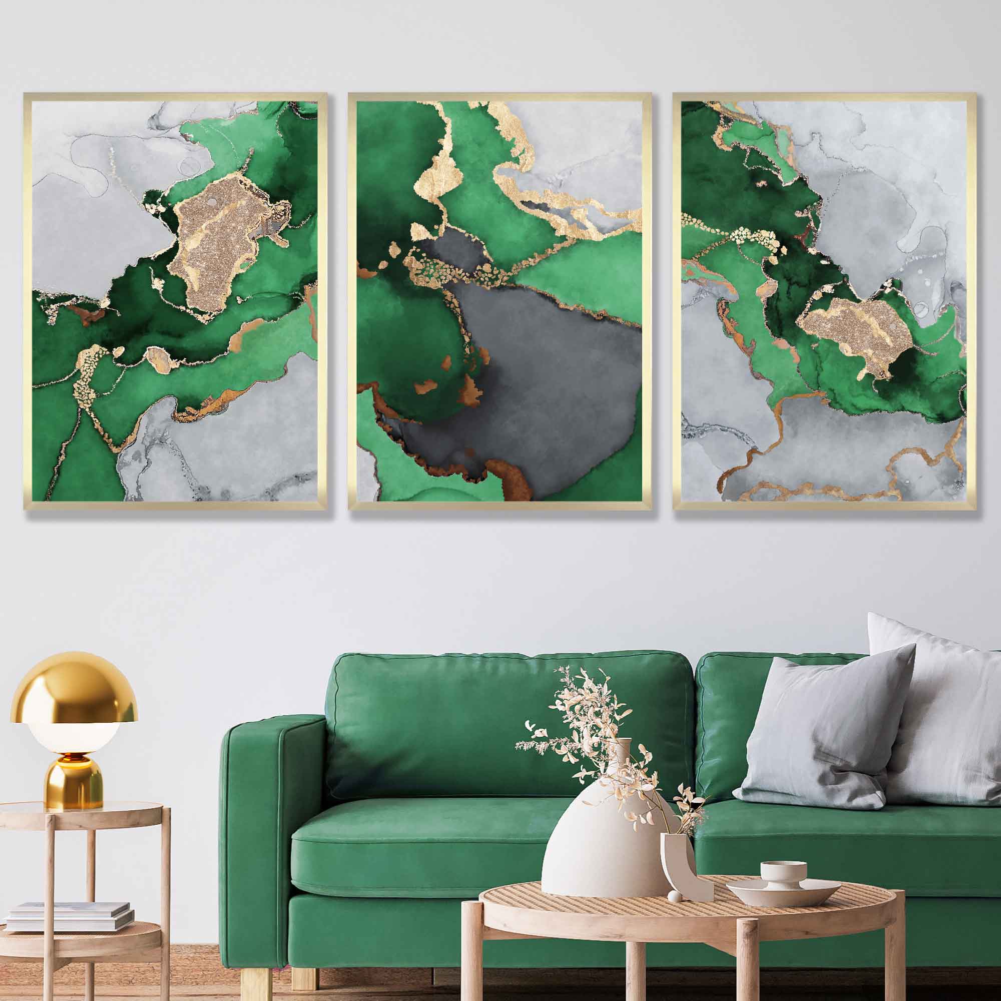Set of 3 Abstract Art Prints of Paintings Green Grey and Gold