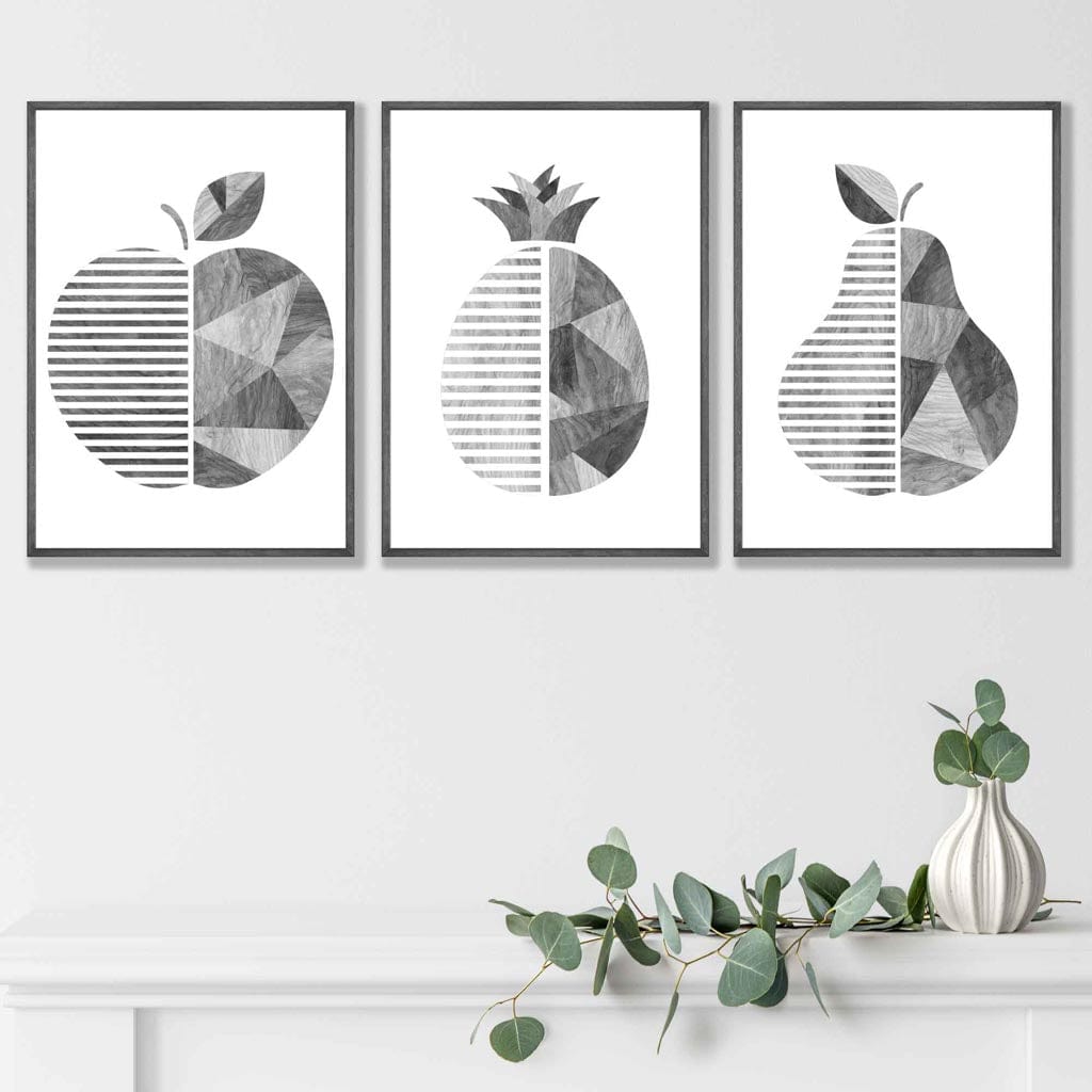Set of 3 Grey Woodgrain Geometric Fruit Posters