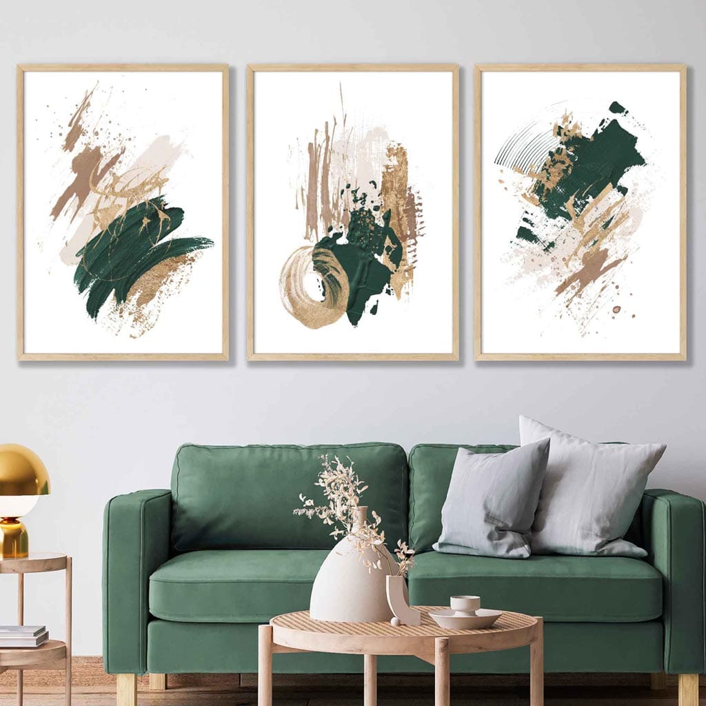 Set of 3 Green, Beige and Gold Prints of Abstract Oil Paintings Wall Art Prints / Framed | Artze Wall Art UK