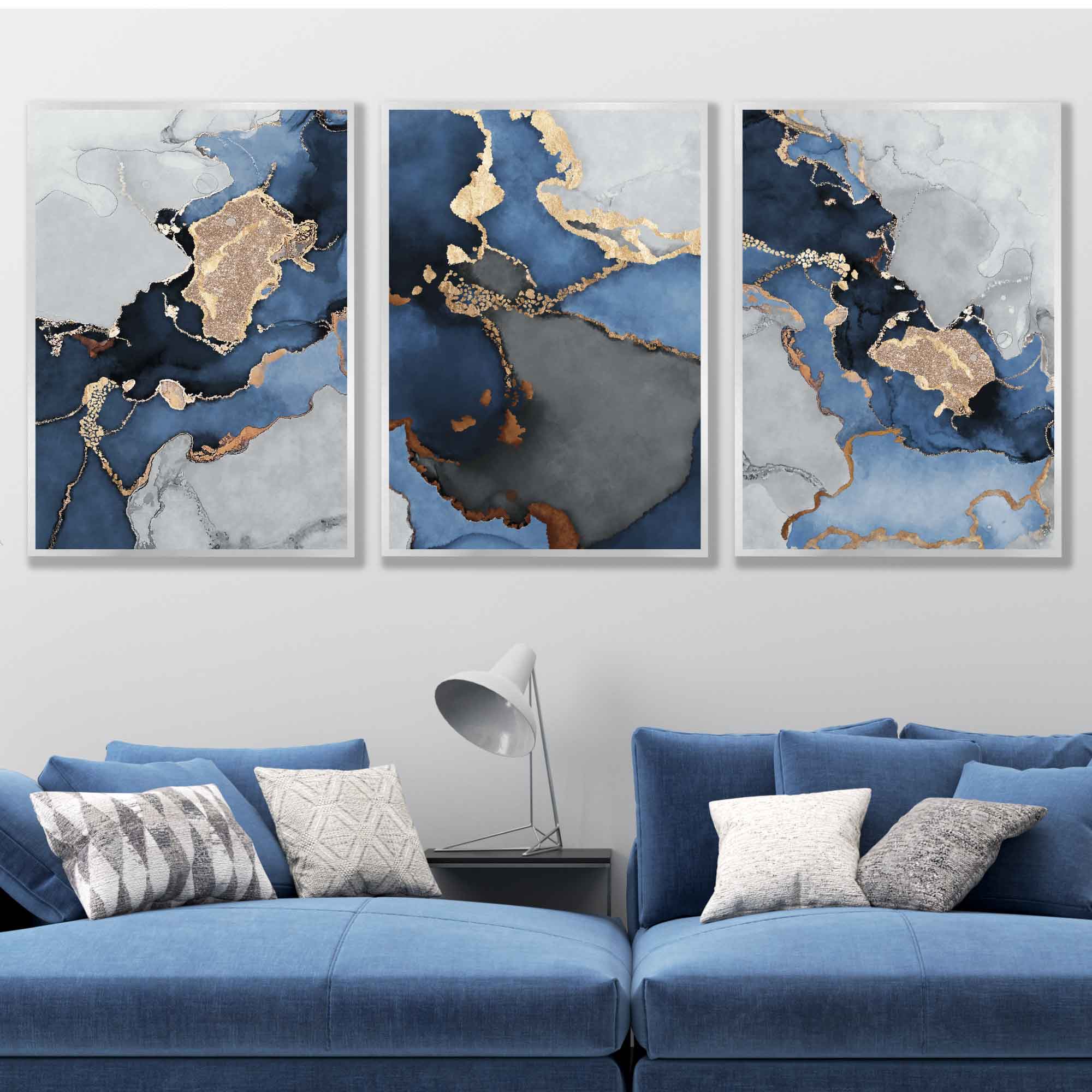 Set of 3 Abstract Art Prints Aqua Blue Swirls