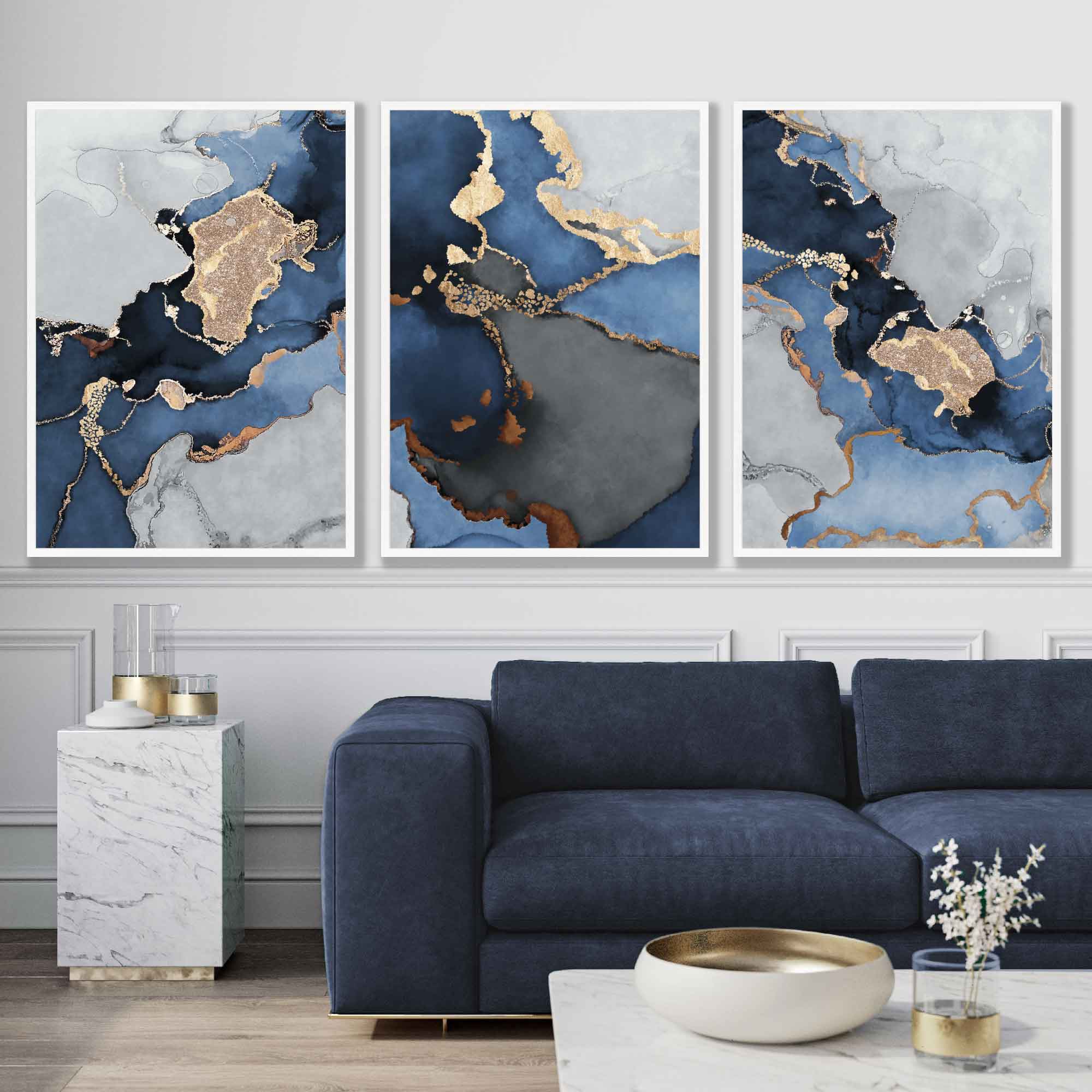 Framed Set of 3 Navy and Silver Abstract Art Prints | Artze Wall Art UK