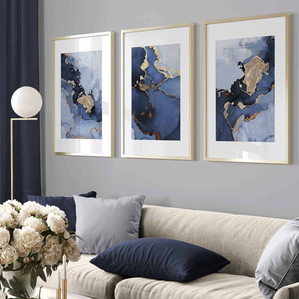 Feature Abstract Wall Art in Shades of Blue and Gold in Metallic Gold Frames 