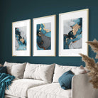 Set of 3 Abstract Art Framed / Prints of Paintings Teal Blue Grey and Gold | Artze Wall Art UK