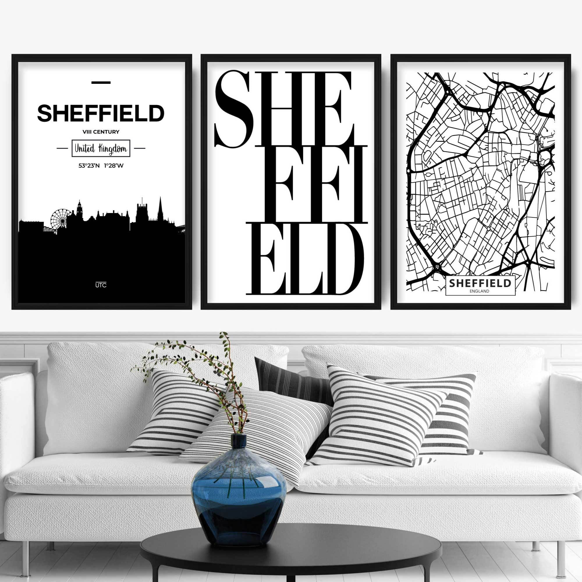 Set of 3 SHEFFIELD Skyline Street map City Prints
