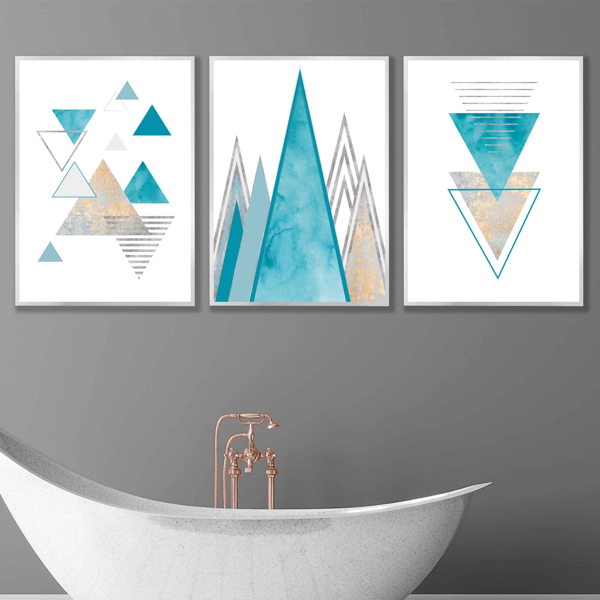 GEOMETRIC set of 3 Aqua Blue and Gold Art Prints Abstract Triangles