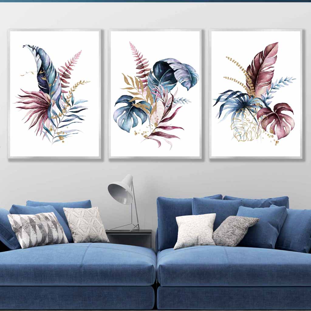Botanical Set of 3 Pink and Blue Floral Wall Art Prints