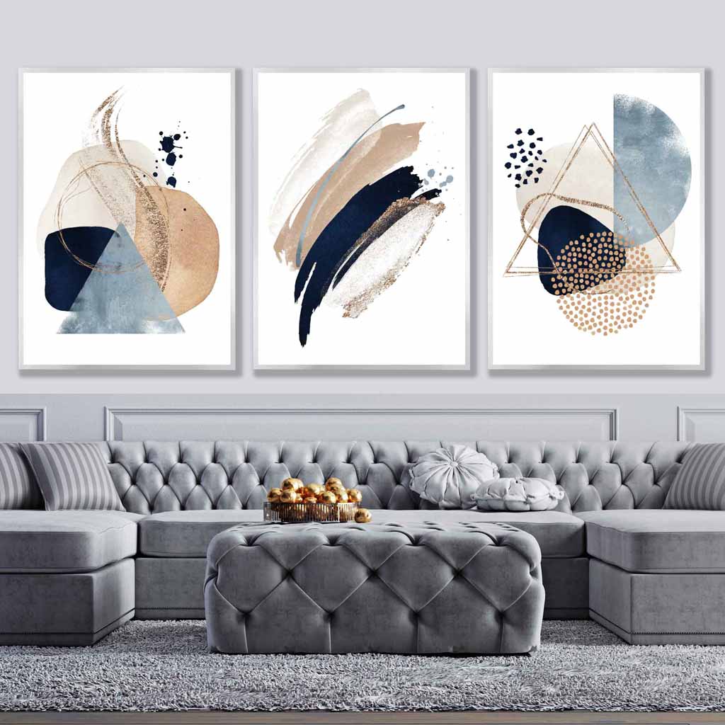 Set of 3 Abstract Beige Blue and Gold Wall Art Prints