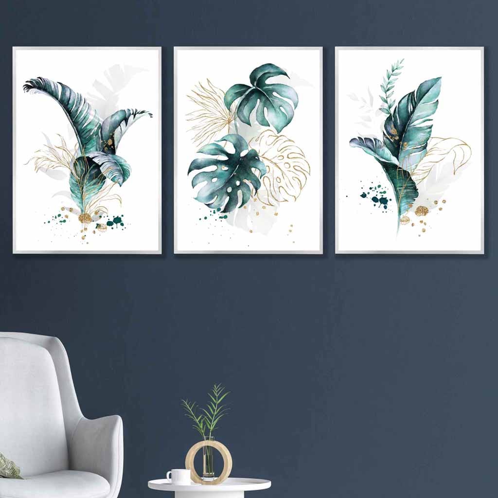 Teal Blue and Gold Botanical Set of 3 Floral Wall Art Prints