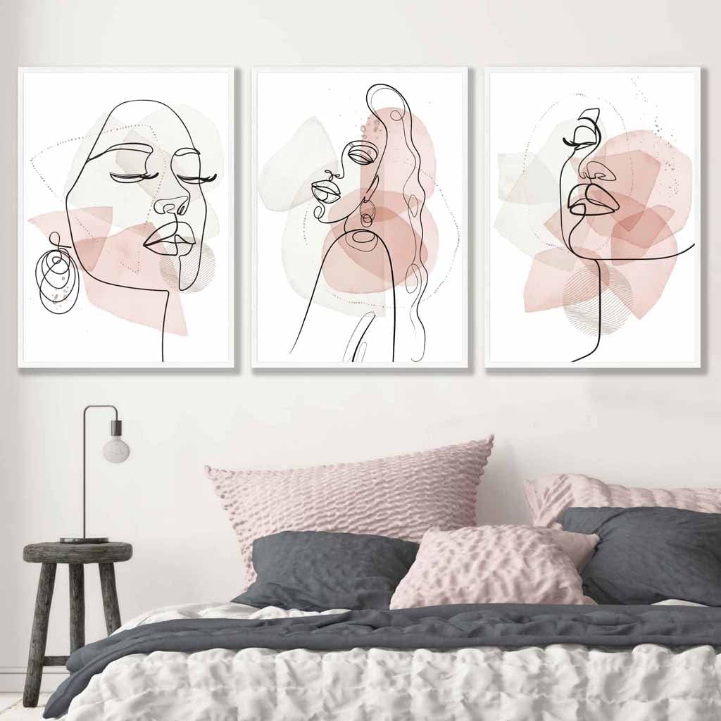 One Line Set of 3 Fashion Faces Wall Art Prints in Pink and Ivory