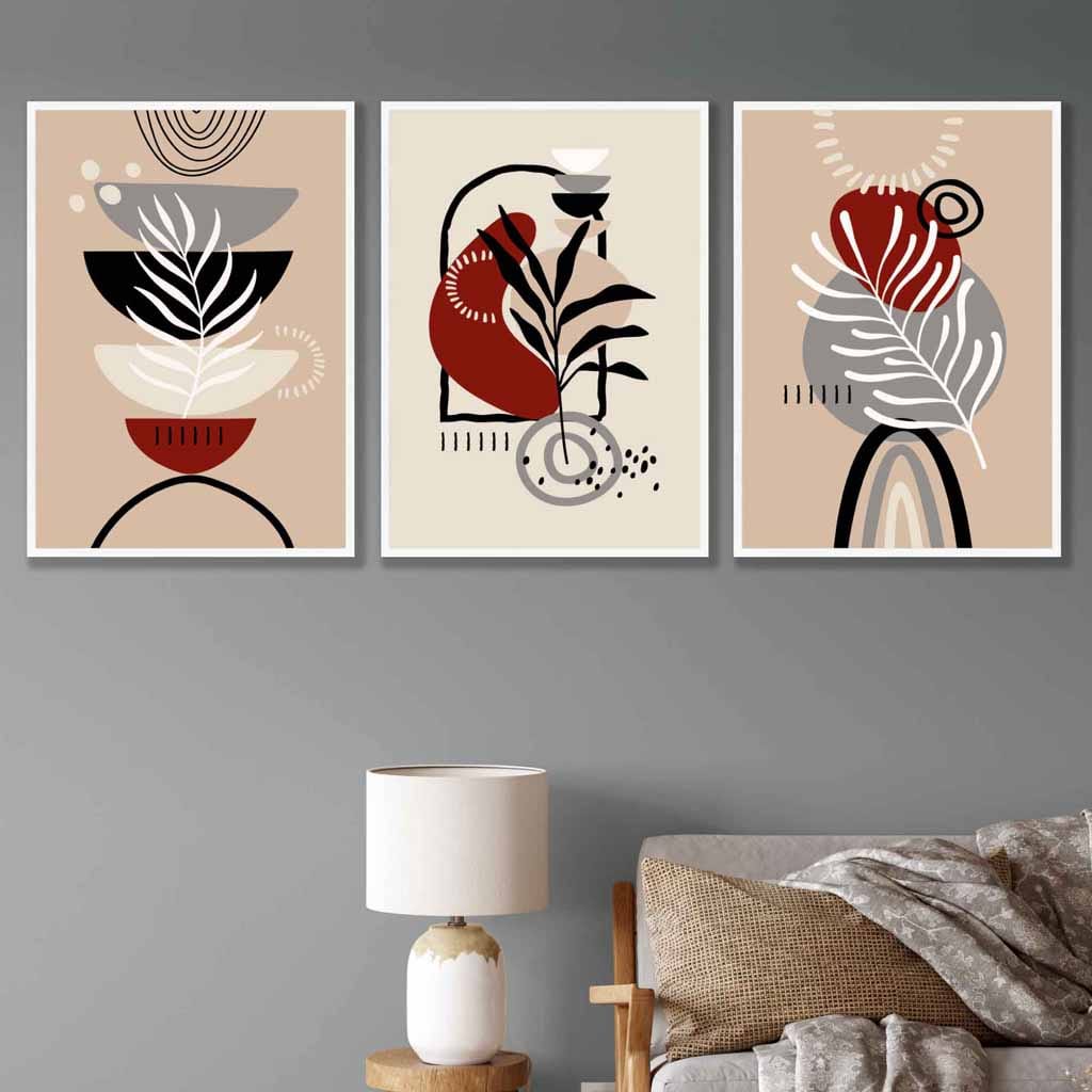 Boho Floral Set of 3 Wall Art Prints in Black Beige Red and Grey