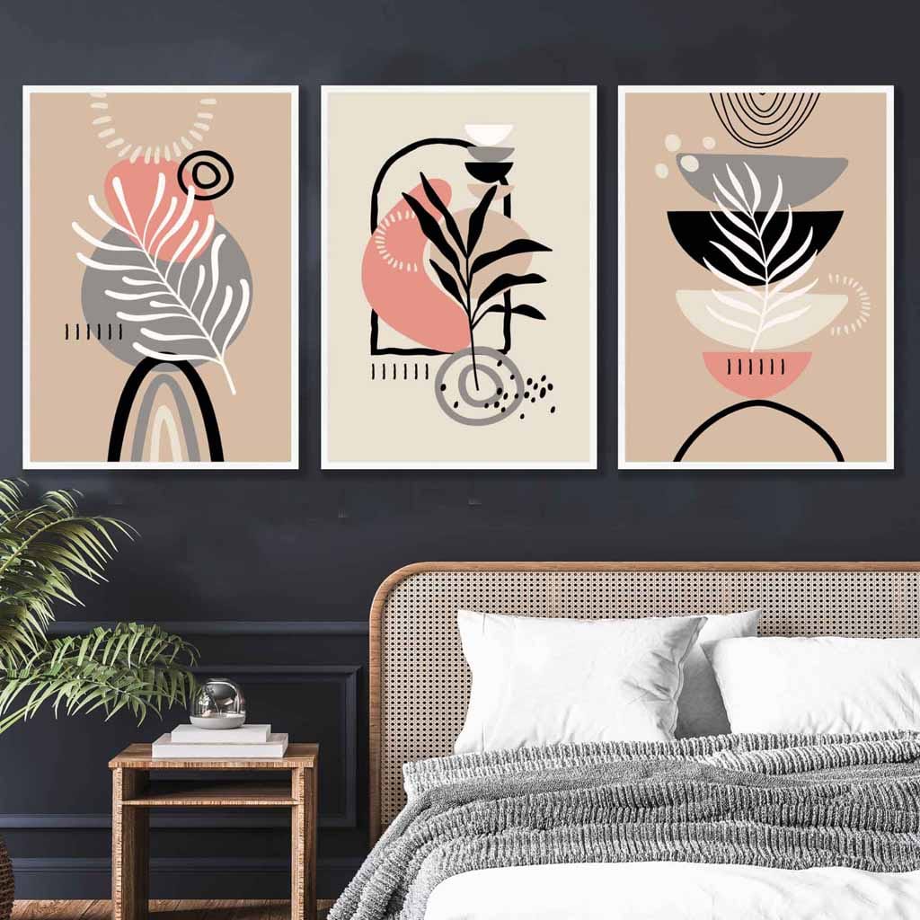 Boho Abstract Set of 3 Wall Art Prints in Pink Black Beige and Grey