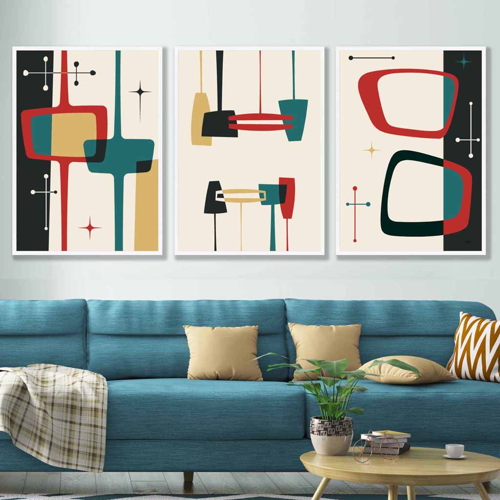 Mid Century Modern Set of 3 Wall Art Prints in Black Teal Red Yellow
