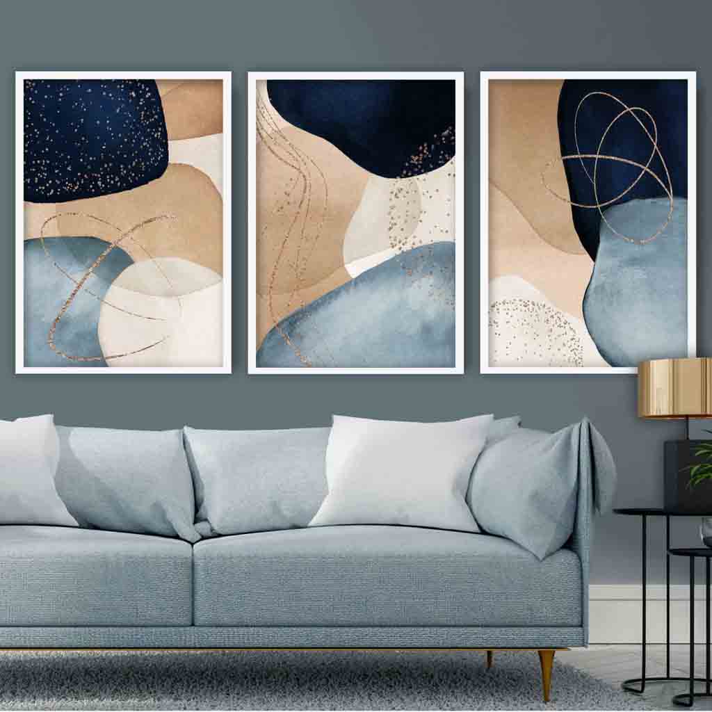 Set of 3 Abstract Art Prints Navy, Blue Beige and Gold