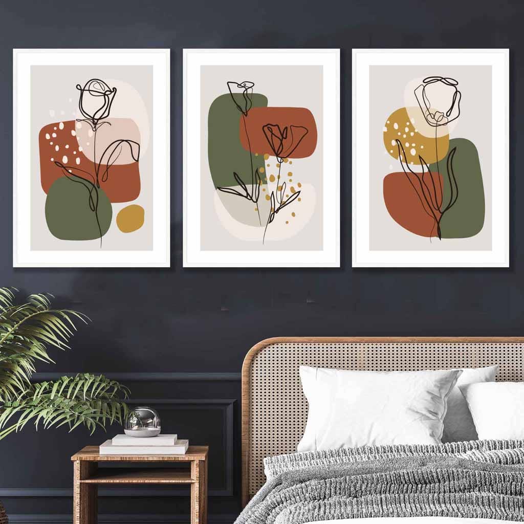 Floral Set of 3 Autumn Boho Wall Art Prints in Orange and Green