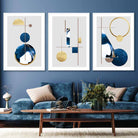 Abstract Set of 3 Textured Geometric Art Wall Art Prints in Navy Blue and Gold