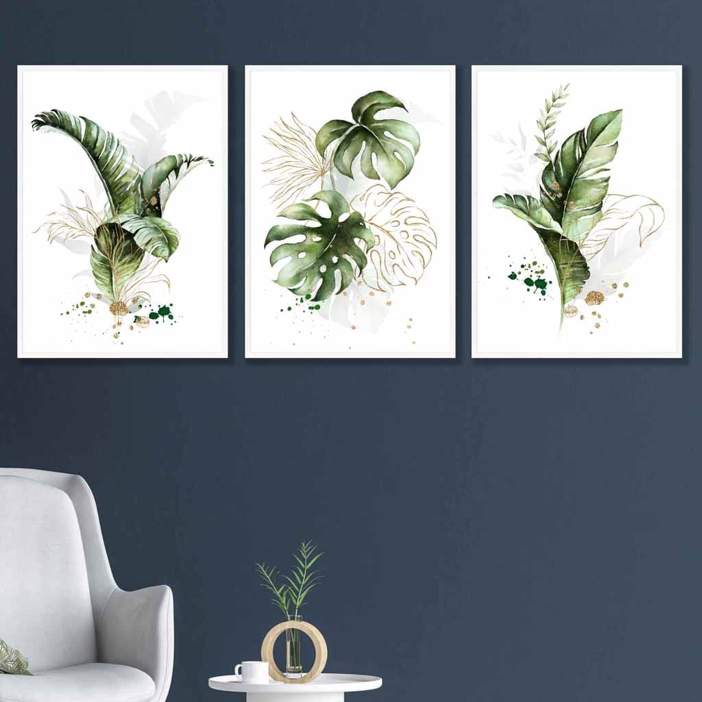 Botanical Set of 3 Green and Gold Floral Wall Art Prints