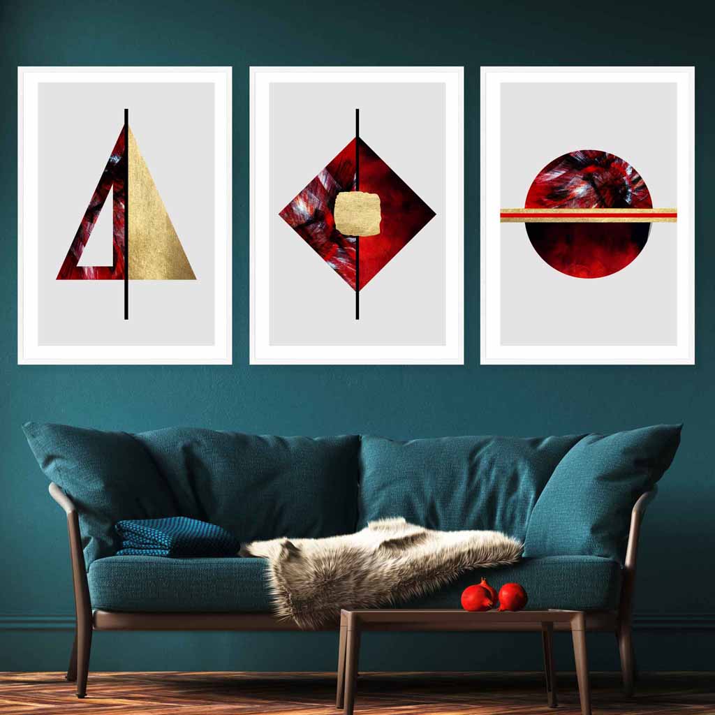 Art Deco Set of 3 Red, Black And Gold Wall Art Prints