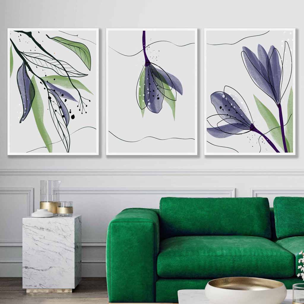 Set of 3 Line Art and Watercolour Spring Crocus Floral Art Prints